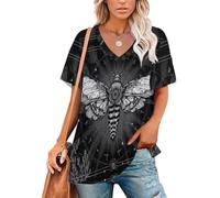 KETAFOUND Femmes Motif Gothique Crâne Et Papillon T-Shirt Mode Décontracté Col en V À Manches Courtes Formes Et Symboles Géométriques Sacrés Été Hauts Basique T-Shirts, Noir