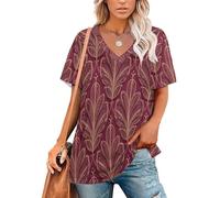 KETAFOUND Feuilles À Rayures Dorées T-Shirt Oversize À Col en V pour Femmes Top Tunique Imprimés Botaniques Élégants Et Luxueux Tombantes T Shirt Ample Rouge Bordeaux