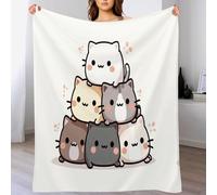 KETAFOUND Flannel Fleece Throw Blanket Cat Stacking Game Pattern Machine Washable Blankets Cute Cartoon Animals Blanket for Sofa Couch Bed, Decorative Soft Comfy Blankets 70 X 100 Cm White