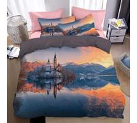 KETAFOUND Parure De Lit 2 Personnes en Microfibre avec Housse De Couette Et Taies d'oreiller Coucher Soleil Et Lueurs du Soir Reflet du Lac 240 X 260 Cm Hypoallergénique Et Toutes Saisons, Bleu Foncé