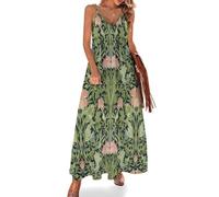 KETAFOUND Robe de Plage Longue Femme Style Pastoral Rétro Maxi Robe Vignes Et Fleurs Col en V sans Manches avec Bretelles Réglables Robe de Plage d'été Fluide Legere