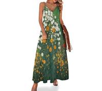 KETAFOUND Robe d'été pour Femme Bordure De Fleurs Champêtre Maxi Robe Spaghetti Col en V Classicisme Robe Longue Légère sans Manches pour fête, Plage