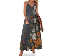 KETAFOUND Robe d'été pour Femme Fleurs Sauvages Rétro Maxi Robe Spaghetti Col en V Jardin des Ténèbres Robe Longue Légère sans Manches pour fête, Plage