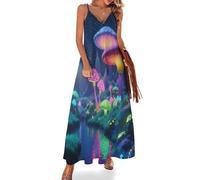 KETAFOUND Robe Longue Femme D'été Forêt De Champignons Lumineux Col en V sans Manches Maxi Robe Style Conte De Fées Onirique Robes de Plage Fluide Legere Décontractée Fête Vacances