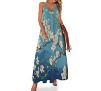 KETAFOUND Robe Longue Femme sans Manches Branches De Magnolia Maxi Robe D'Été à Col en V Peinture À l'huile De Fleurs Robes de Plage Débardeur Casual, S-5XL