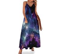 KETAFOUND Robe Longue V Col Femme Sagittaire Robe d’été Maxi sans Manches Un Ciel Étoilé Éblouissant Spaghetti Plage Robes Décontractée et Évasée,