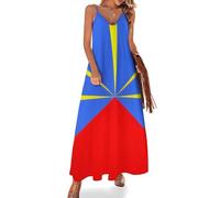 KETAFOUND Robe Maxi d'été pour Femme Drapeau De L'Île De La Réunion Robes à Col en V sans Manches Culture Nationale Robe Cami Dos Nu avec Bretelles Spaghetti Robes Longue Décontractée