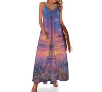 KETAFOUND Robe Maxi D'été pour Femme Ville Romantique Robe de Vacances sans Manches Col V La Tour Eiffel La Nuit Robes Longue Fluide à Bretelles Épaghetti Robes de Plage Décontractée