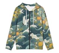 KETAFOUND Sweat Zippé À Capuche Hommes Grue Blanche Sweatshirt À Capuche Vagues L'Océan Basique Bleu-Vert Pull Ample Cardigan, Parfait pour Le Quotidien Au Printemps, Automne Hiver