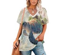 KETAFOUND T-Shirt à Manches Courtes et Col en V pour Femme - Tunique décontractée d'été à des Tortues Marines Nagent dans La Mer De Nuages Chemisier Grande Taille Haut Basiques, Vert Clair