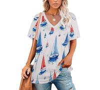 KETAFOUND T-Shirt Décontracté À Impression Voilier Dessin Animé pour Femme, Imprimé 3D, Thème Nautique, Col en V, Manches Courtes