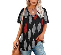 KETAFOUND T-Shirt Décontracté À Motif Feuilles Blanches pour Femme, Imprimé 3D, Imprimé Botanique Simple Et Élégant, Col en V, Manches Courtes