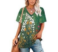 KETAFOUND T-Shirt d'été Col en V pour Femme Classicisme Haut d'été à Manches Courtes Bordure De Fleurs Champêtre Tunique Décontractée Lâches - Grandes Tailles, Vert Émeraude
