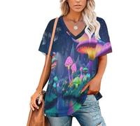 KETAFOUND T-Shirt Style Conte De Fées Onirique pour Femme avec Col en V et Manches Courtes - Blouse Basique d'été Décontracté - Chemisier Ample à Motif Forêt De Champignons Lumineux Tunique Hauts