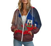 KETAFOUND Veste à Capuche Carte Et Drapeau D'Haïti Zippée | Style Ethnique Rétro Sweat Zippé avec Capuche, Y2k Streetwear, Oversize Hoodies Casual Manches Longues Outerwear Cardigan