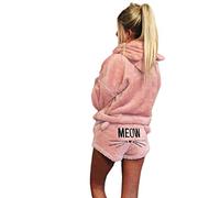 Ketamyy Femme Deux Pièces Ensemble de Pyjama Hiver Chaud Confortable Vêtement de Nuit, Charmant Chat Oreilles Sweat à Capuche + Chat Broderie Shorts Pyjama Sets Rose Clair S