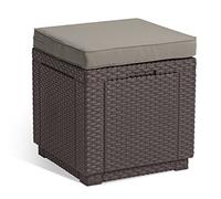 Keter Allibert by Cube Tabouret avec Espace de Rangement, Coussin, Couvercle Amovible, Aspect rotin Plat, résistant aux intempéries, Marron, 42 x 42 x 39 cm