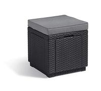 Keter Allibert by Tabouret Cube avec Espace de Rangement, Gris, avec Coussin, Couvercle Amovible, Aspect rotin Plat, résistant aux intempéries, 42 x 42 x 39 cm