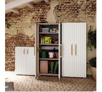 Keter Armoire Groove Faible - 80 cm x 98 cm x 45 cm - Beige - Étanche - Étagères renforcées - Poignées en bois - Pieds réglables - Cadenas - Résine recyclée - Multi-pièces - Extérieur et polyvalent