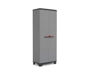 Keter Armoire Utilitaire STILO - Armoire de Rangement en Résine Multifonctions - Étagères et Pieds Ajustables, Poignée Soft Touch - Cuisine, Garage, Atelier - 68 x 39 x 173 cm - Gris/Noir/Rouge
