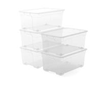 Keter Lot de 5 boîtes de rangement en plastique avec couvercle R Box L, transparents, équipés de roues, idéales pour vêtements et comme rangement, adaptés pour armoires et garage, 45 L, 56,5 x 38 x 26