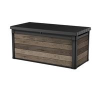 Keter Signature Boîte de rangement 570 l en noyer - Coffre de jardin avec aspect bois et fonction assise - Coffre à coussins résistant aux intempéries avec vérins à gaz