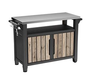 Keter Table de barbecue Unity XL | Table de service aspect bois de pin | 298 litres | avec plateau en acier inoxydable, portes, surface de rangement, suspensions, porte-rouleau d'essuie-tout de