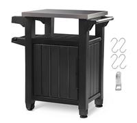 Keter Unity Chariot de table portable résistant aux intempéries avec comptoir en acier inoxydable, crochets de rangement et barres latérales, gris