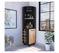 KEuLen Armoire de Bar d'angle avec casier à vin, Finition Noire et pin, Peut contenir 10 Bouteilles et 8 Verres, for Bars et salles à Manger à Domicile