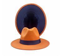 keusyoi Chapeaux Fedora à large bord en patchwork blanc pour femme - Chapeaux Fedora classiques en feutre pour homme - Chapeau de jazz tendance avec ceinture marron, Orange/bleu marine., 6 7/8/7 1/8
