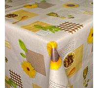 KEVKUS Nappe en toile cirée 01572-01 - Motif tournesols - Bois d'olivier - Carreaux ronds et ovales - Bord coupé (sans bordure) - 140 x 220 cm