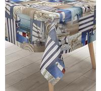 KEVKUS Nappe en toile cirée 582-1 - Motif phare maritime et bateau - Bois au choix - Rectangulaire, ronde et ovale - Dimensions : ovale - 140 x 260 cm - Bord coupé