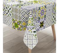 KEVKUS Nappe en toile cirée B5010-07 - Motif mosaïque - Vert/violet sur blanc - Rectangulaire - Ronde - Ovale - Dimensions : 140 x 160 cm - Bord : bord coupé (sans bordure)