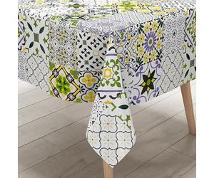 KEVKUS Nappe en toile cirée B5010-07 - Motif mosaïque - Vert/violet sur blanc - Rectangulaire - Ronde - Ovale - Dimensions : 140 x 160 cm - Bord : bord coupé (sans bordure)
