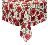 KEVKUS Nappe en toile cirée K138A - Motif roses rouges sur blanc - Au choix - Rectangulaire, ronde ou ovale - Dimensions : rectangulaire 140 x 160 cm - Bord coupé