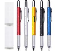 KEWAYO Lot de 5 stylos à bille multifonctions 6 en 1 avec règle, niveau à bulle, stylet, tournevis, recharges, cadeaux créatifs pour homme (jaune, noir, argent, rouge, bleu)