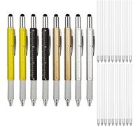 KEWAYO Lot de 8 stylos 6 en 1 avec règle, niveau à bulle, stylet, tournevis, mines, cadeaux créatifs pour hommes (jaune, noir, or, argent)