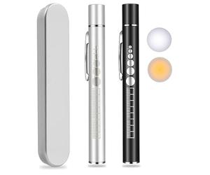 KEWAYO Lumière du stylo, Lampe de poche LED rechargeable USB avec jauge de pupille en acier inoxydable Clip Double source de lumière pour la maison et les activités de plein air (noir + argent)