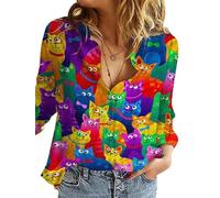 kewing Chemise à Manches Longues à Motif de Chat décontracté Chemises imprimées en 3D avec Boutons pour Femmes Tops Vintage surdimensionnés Streetwear