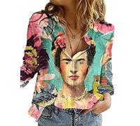 kewing Chemise en Lin en Coton pour Femmes décontracté à Manches Longues Peintre Visage imprimé Hauts Chemisier boutonné Chemises de Base S-XXXL