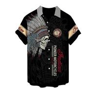 kewing Chemise hawaïenne Ample pour Homme Motif tête de Mort Gothique à Manches Courtes Été Amérindien Motif Indien Bouton régulier Chemisier décontracté Haut Style Plage T-Shirt