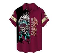 kewing Chemise hawaïenne Ample pour Homme Motif tête de Mort Gothique à Manches Courtes Été Amérindien Motif Indien Bouton régulier Chemisier décontracté Haut Style Plage T-Shirt