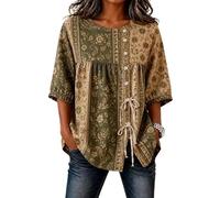 kewing Femmes Boho Vintage Border Floral Imprimer Tunique Blouse Manches Courtes Crew Cou Cravate Avant lâche décontracté Bouton vers Le Bas Ethnique Paisley été Chemise Tops