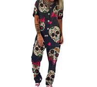 kewing Femmes Retro Skull Print Punk Jumpsuit Bow Imprimé Bouton Jumpsuit pour Femmes Jumpsuit Salopette Pantalon