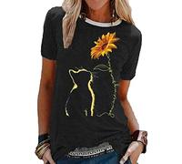 Kewing Femmes T-Shirt imprimé Chat et Tournesol, Plus la Taille T-Shirt à Manches Courtes Loose Fit Comfy Cute T-Shirt