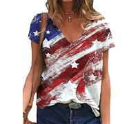 kewing Femmes Vintage Drapeau américain t-Shirt Mode décontracté col en V à Manches Courtes 3D USA Drapeau imprimé été Hauts Basique t-Shirts