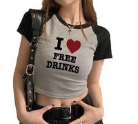 kewing I Love Free Drinks Crop T-Shirt pour Femmes Y2K Crop Tops Drôle Lettre Imprimé D’été À Manches Courtes T-Shirt Fille Adolescent Esthétique Streetwear