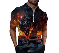 kewing Mode Motif du Tigre Streetwear T-Shirts Polo pour Hommes Polo d'été à Manches Courtes imprimé en 3D avec Fermeture à glissière pour Hommes de Plus Grande Taille