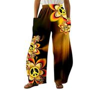 kewing Paix Amour Pantalon Femme Hippie Imprimé 3D Jambe Large Boho Taille Élastique Pantalon Décontracté avec Poches Latérales