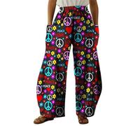 kewing Paix Amour Pantalon Femme Hippie Imprimé 3D Jambe Large Boho Taille Élastique Pantalon Décontracté avec Poches Latérales